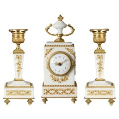 French Miniature White Marble Clock Garniture