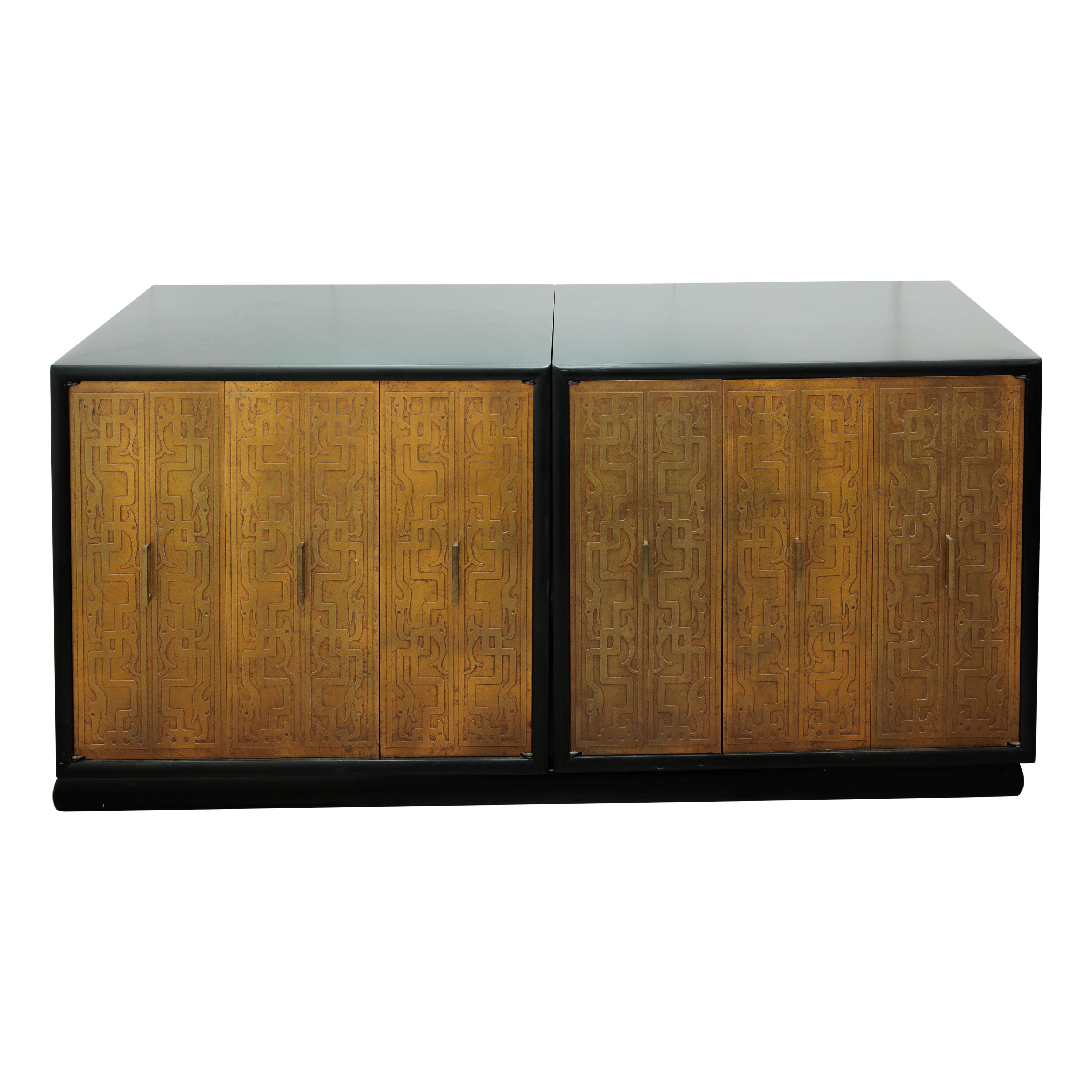 Three Piece Black & Gold Credenza with Brass Detail & Black Glass Tops For Sale