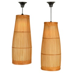 Vintage Pair of 1970's Japanese Lanterns in Rice Paper and Bamboo Cane 