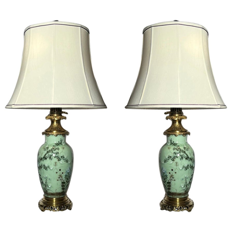 Pair of Antique French Celadon Porcelain Lamps 