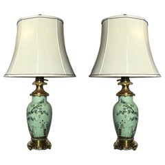 Pair of Vintage French Celadon Porcelain Lamps 