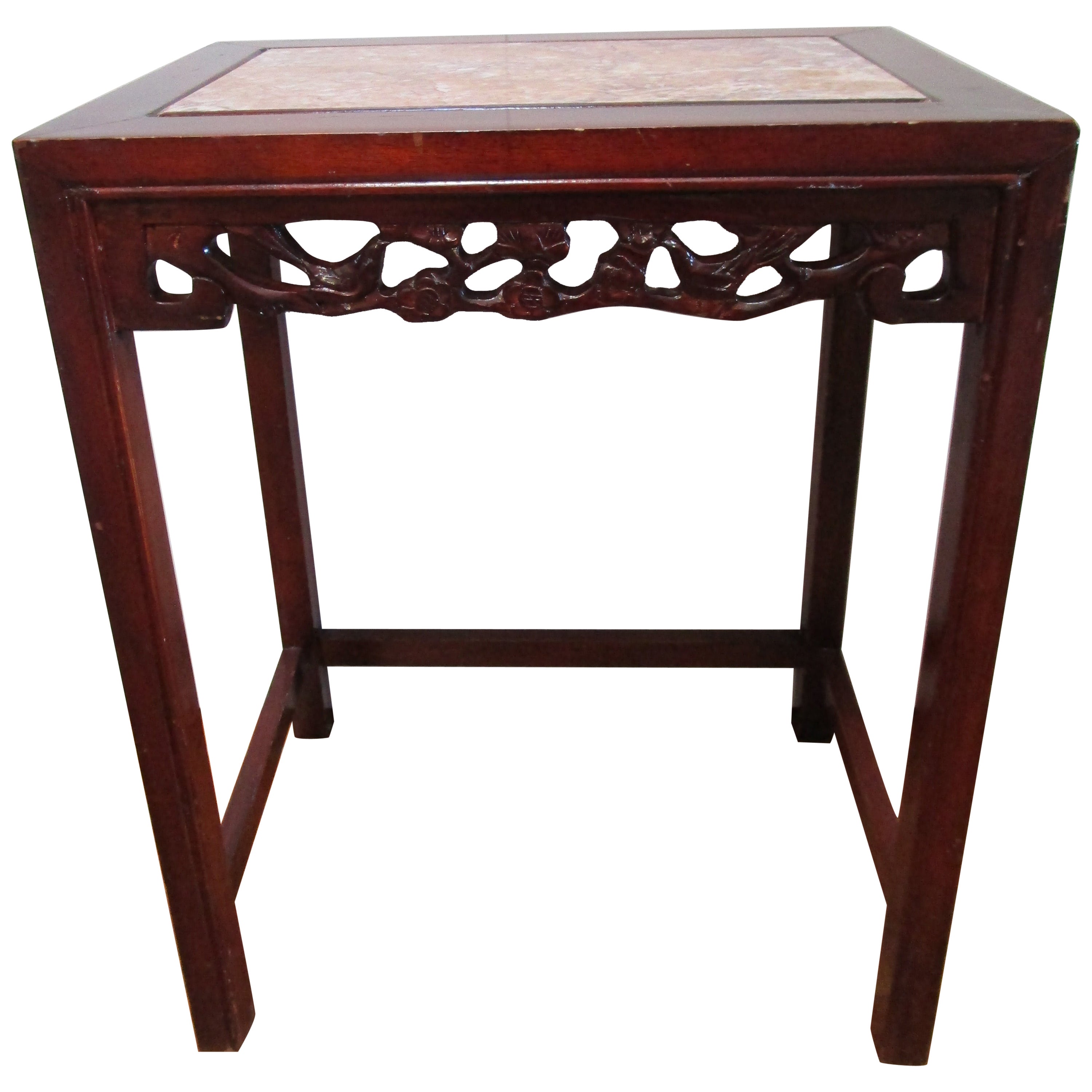 Vintage Rosewood Hand Carved Table with Marble Top For Sale