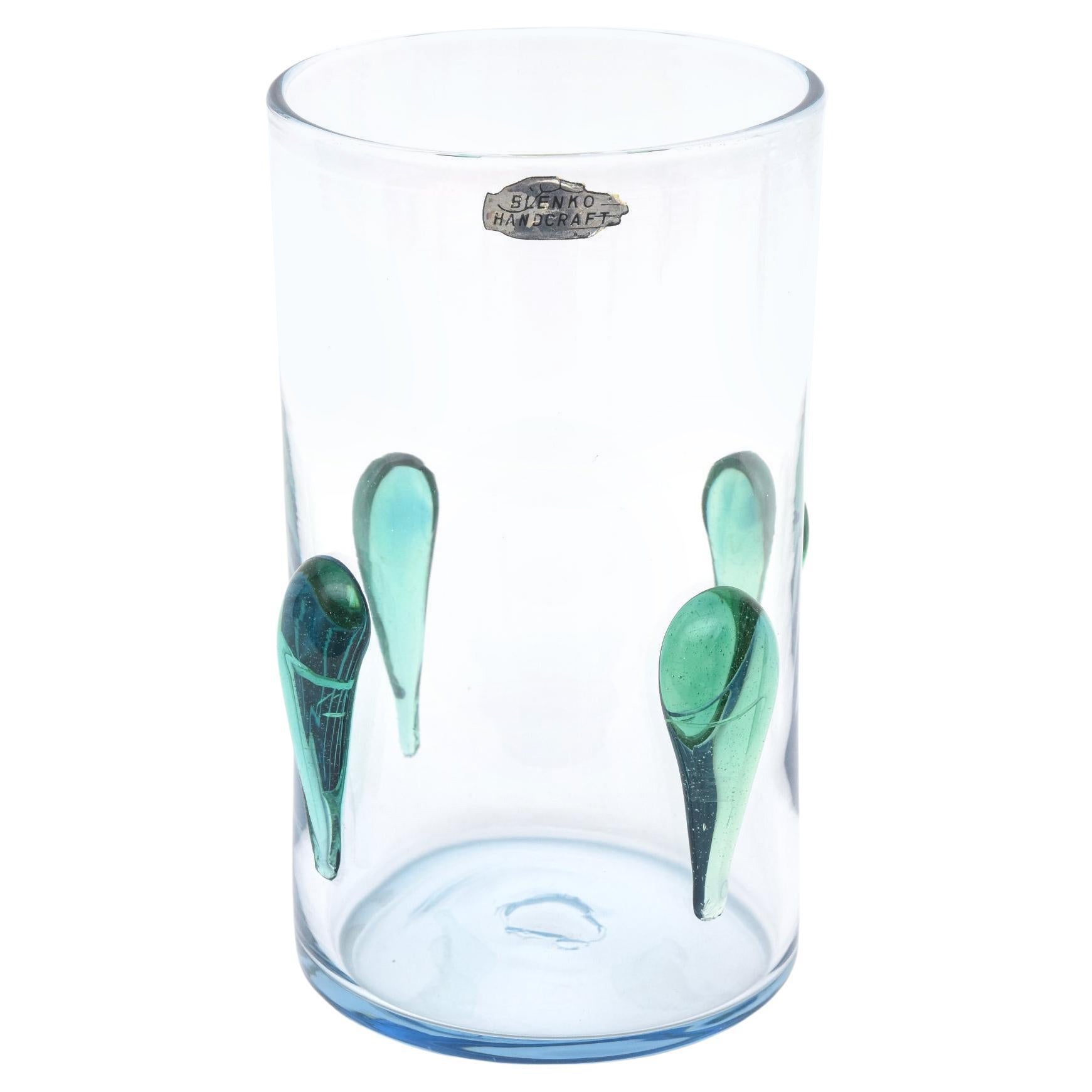 Vintage Blenko Glass Vase With Applied Dimensional Sea Green Blue Teardrops For Sale