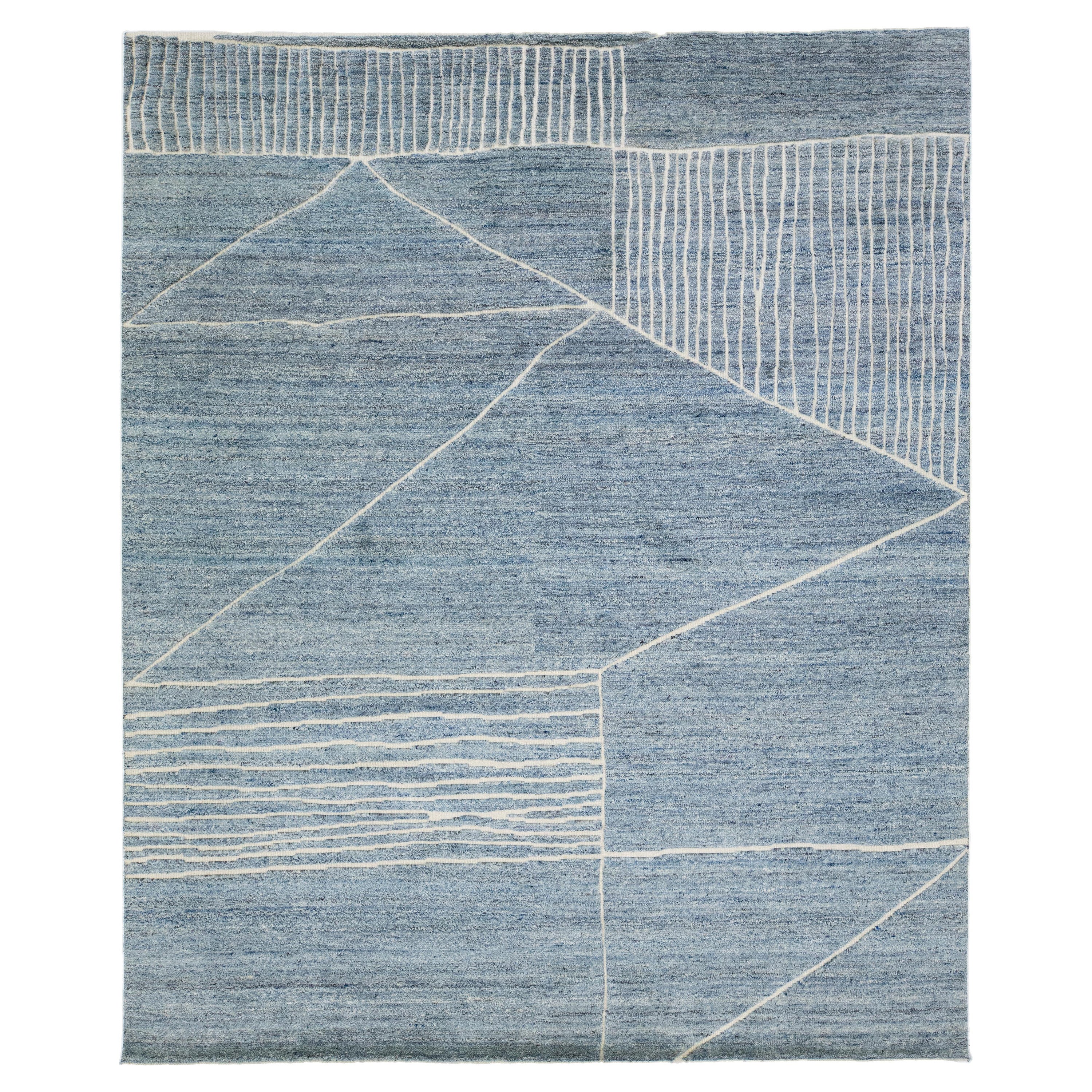 Blue Morocan Style Modern Wool Rug With Geometric Motif by Apadana For Sale