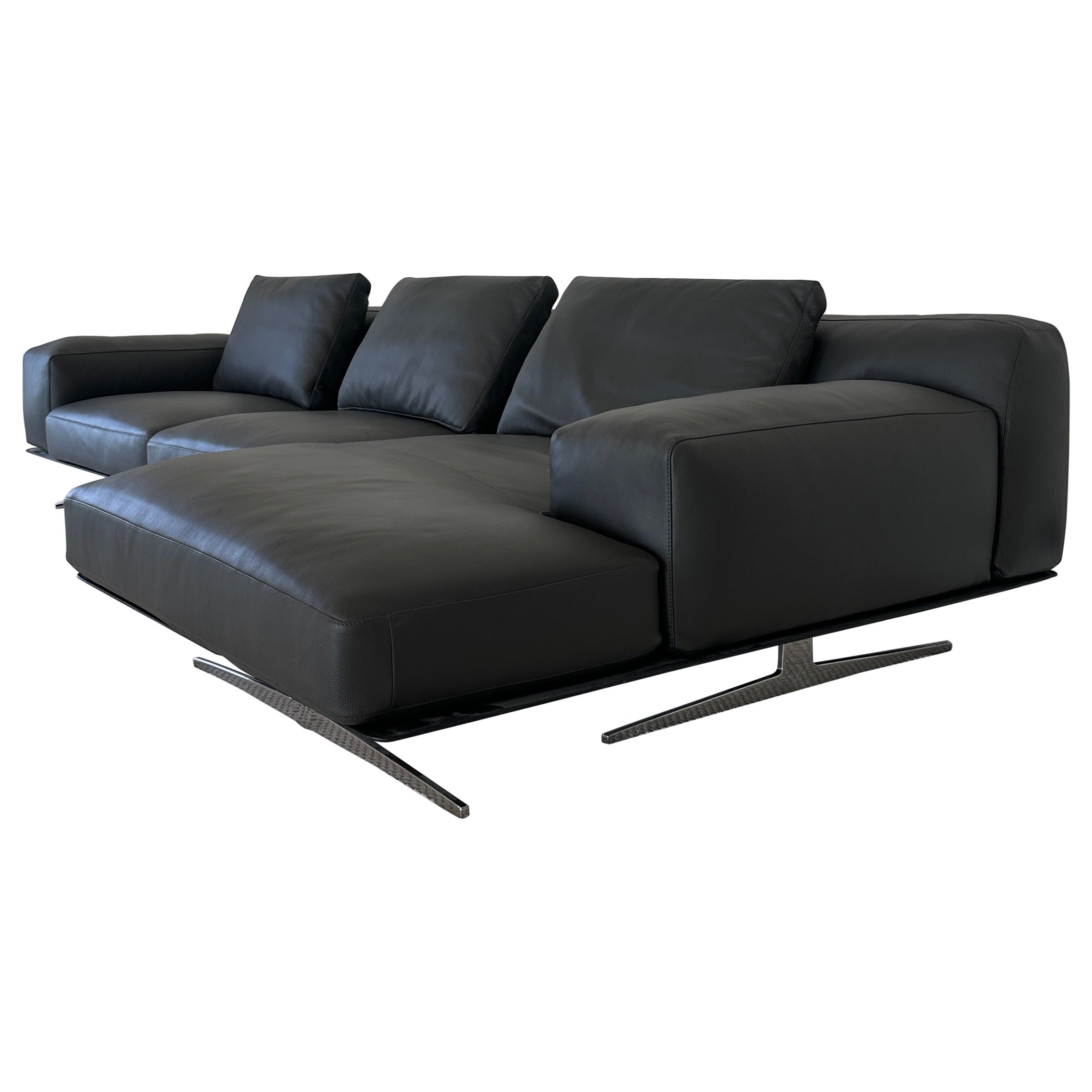 Dark grey Italian leather sectional sofa For Sale