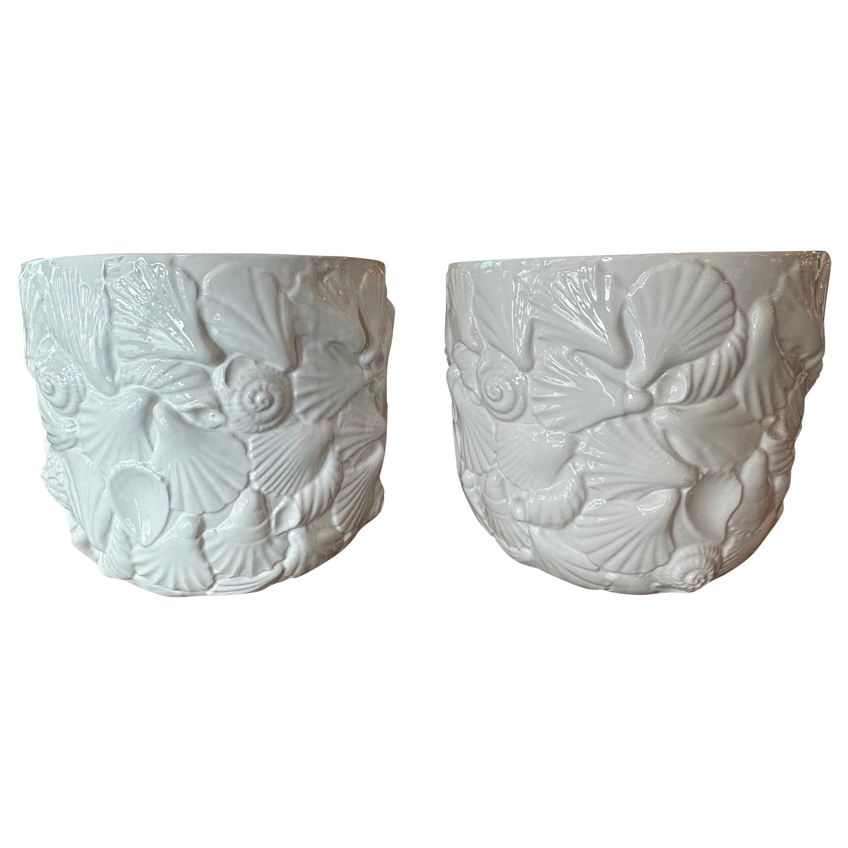 Pair Italian Ceramic Shell Seashell Flower Pots Planters Rosenthal Netter