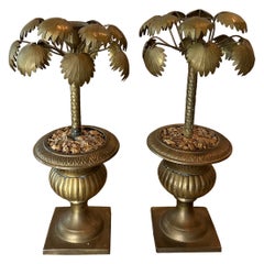 Retro Tropical Pair of Brass Urn Palm Tree Leaf Leaves Candle Stick Holders 