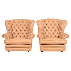Vintage Tufted Leather Chesterfield Wingback Lounge Chairs, Pair