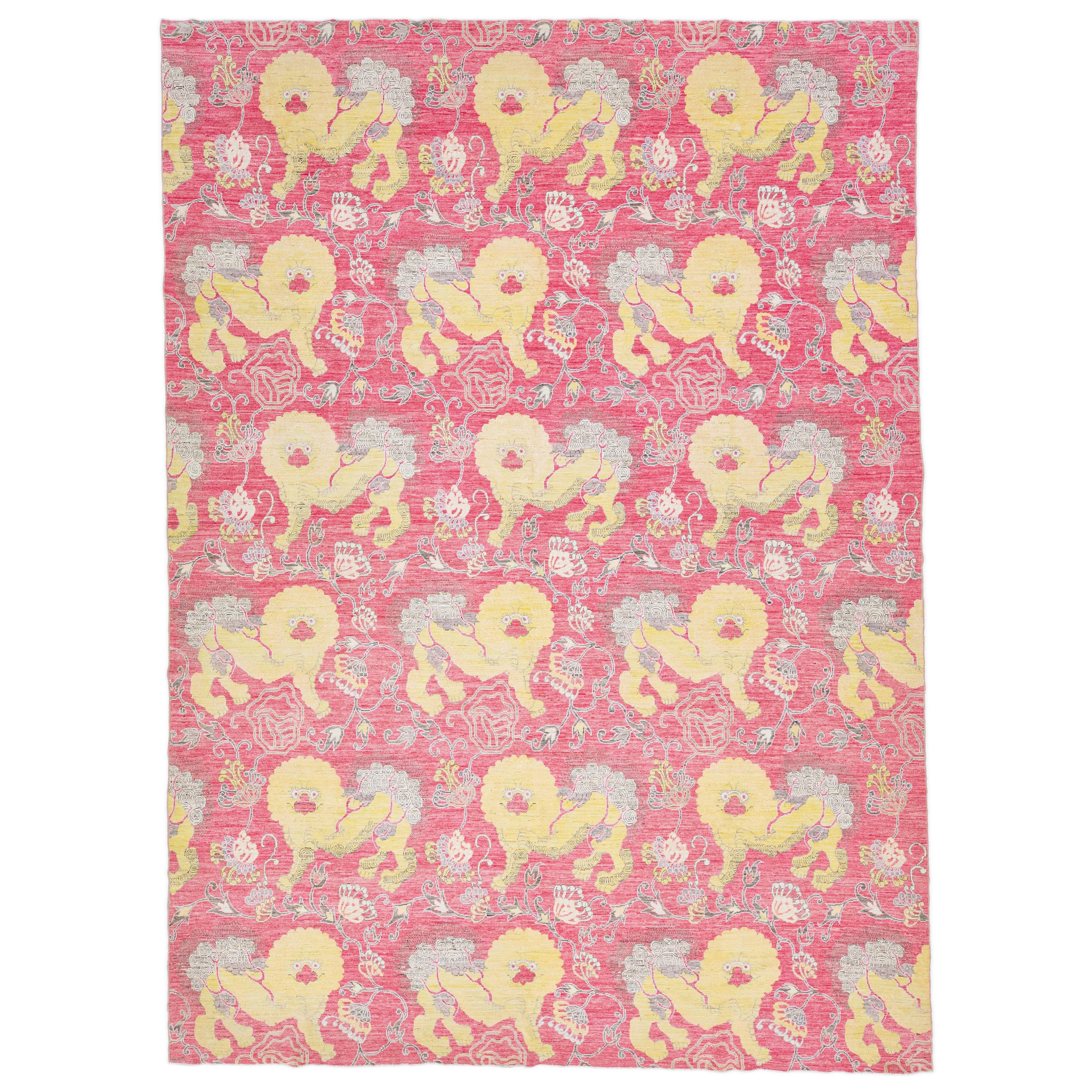 Modern Chinese Art Deco Style Wool Rug in Pink With Pictorial Designed
