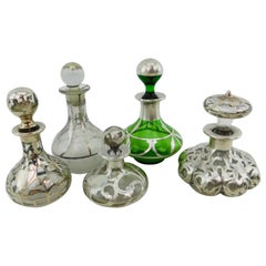 Antique Five Art Nouveau Perfume Bottles circa 1900 Silver Overlay on Glass 19th Century