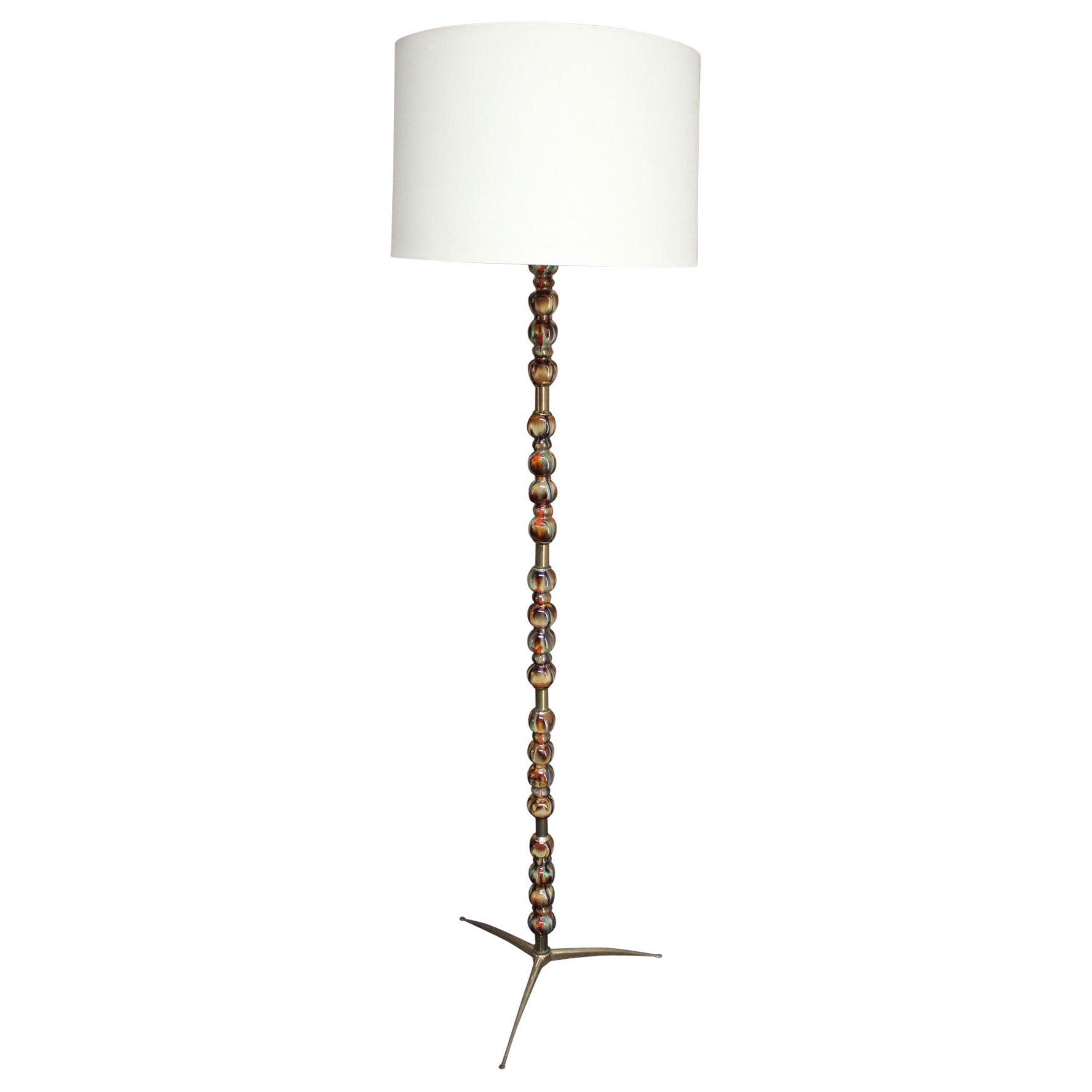 Italian Modernist Ceramic Floor Lamp with Brass Tripod Base For Sale