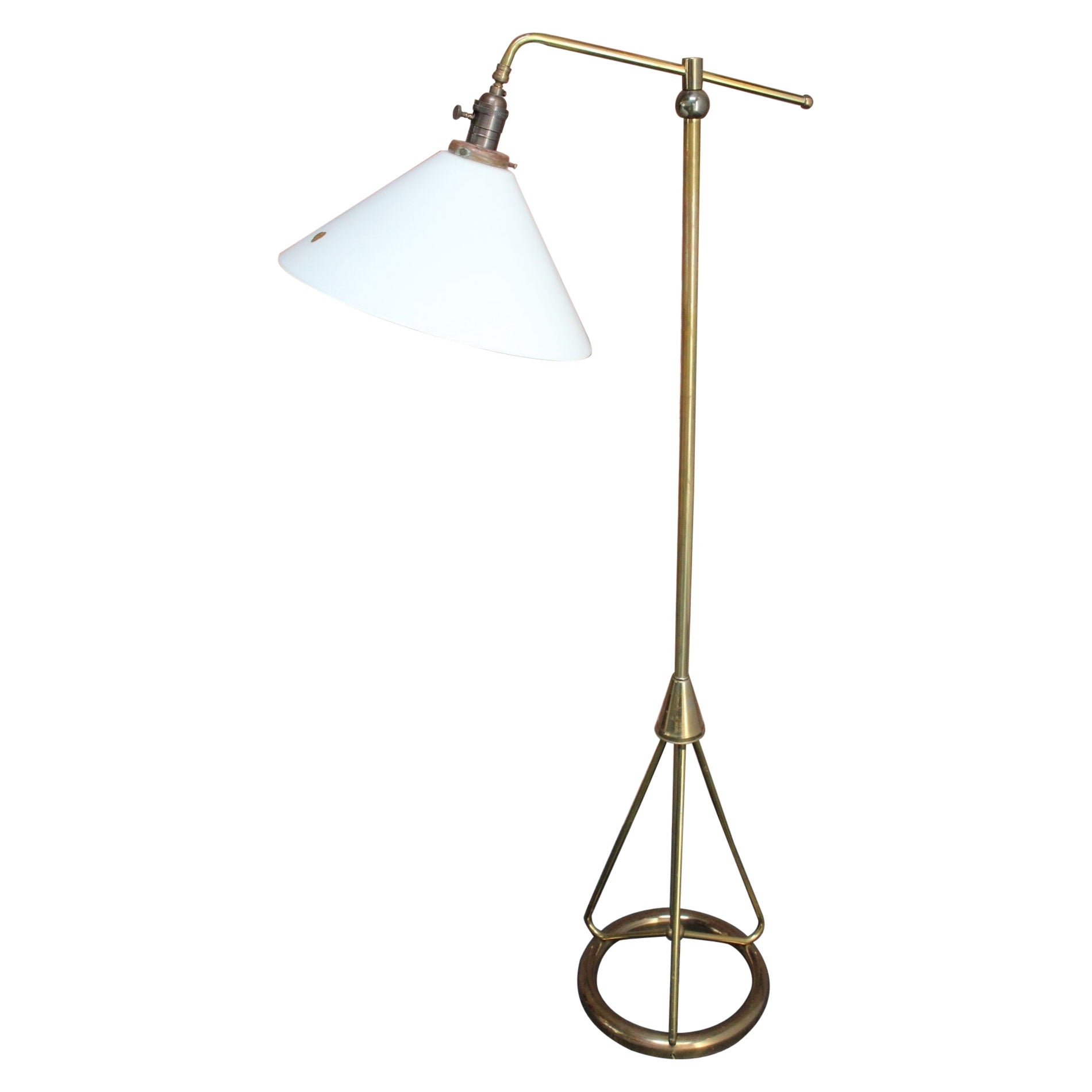 Mid-Century Tubular Brass Floor Lamp with French Milk Glass Shade For Sale