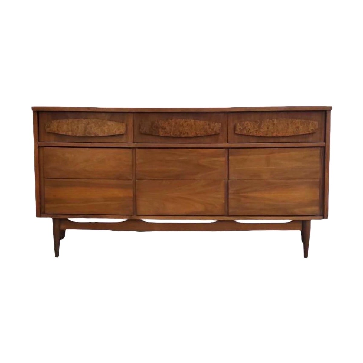 Vintage Mid Century Modern Dresser with Burl-wood Accents For Sale