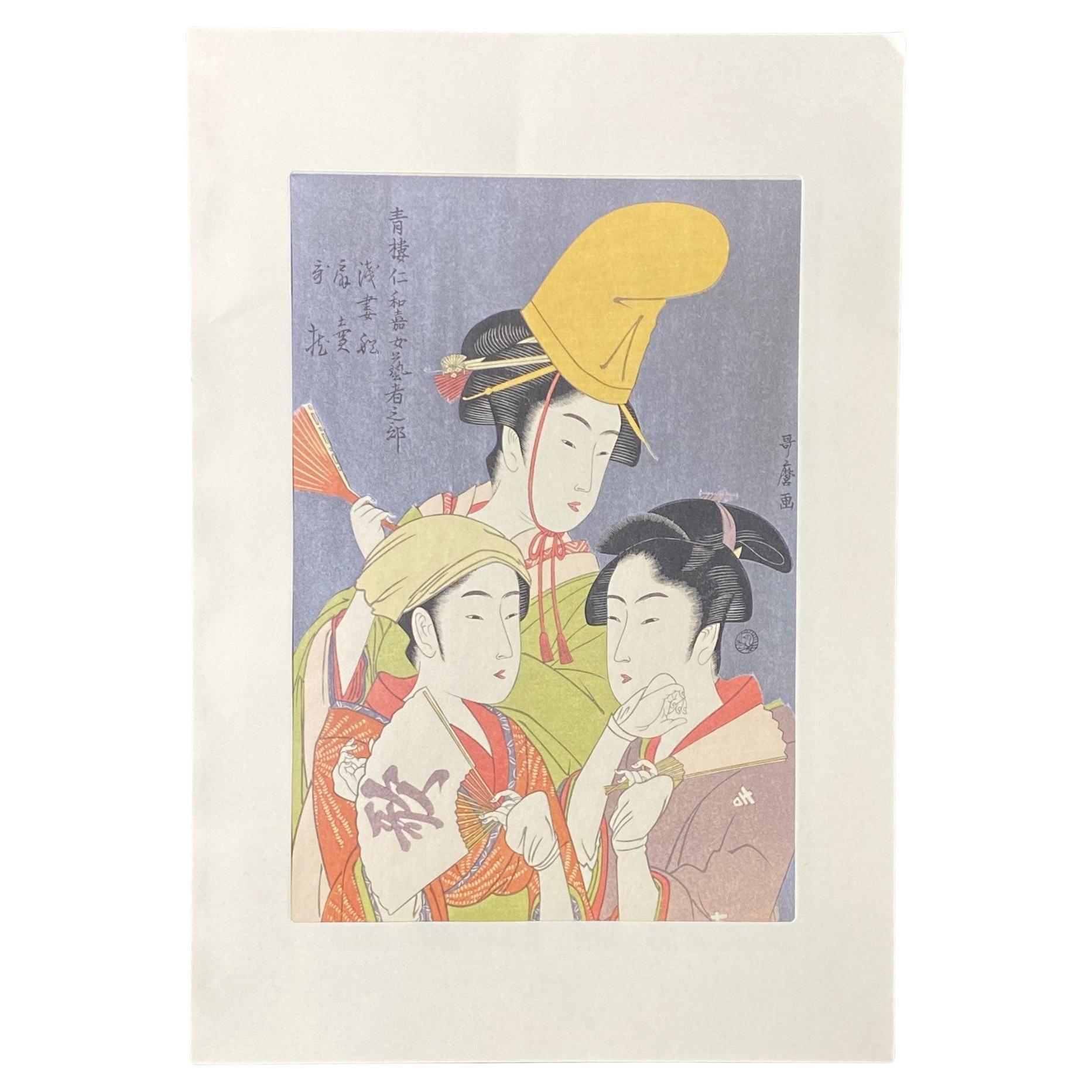 Japanese Woodblock Print of Three Edo Period Geisha Women One With Yellow Hat For Sale