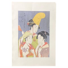 Japanischer Holzschnitt aus der japanischen Edo-Periode mit drei Geisha-Frauen mit gelbem Hut