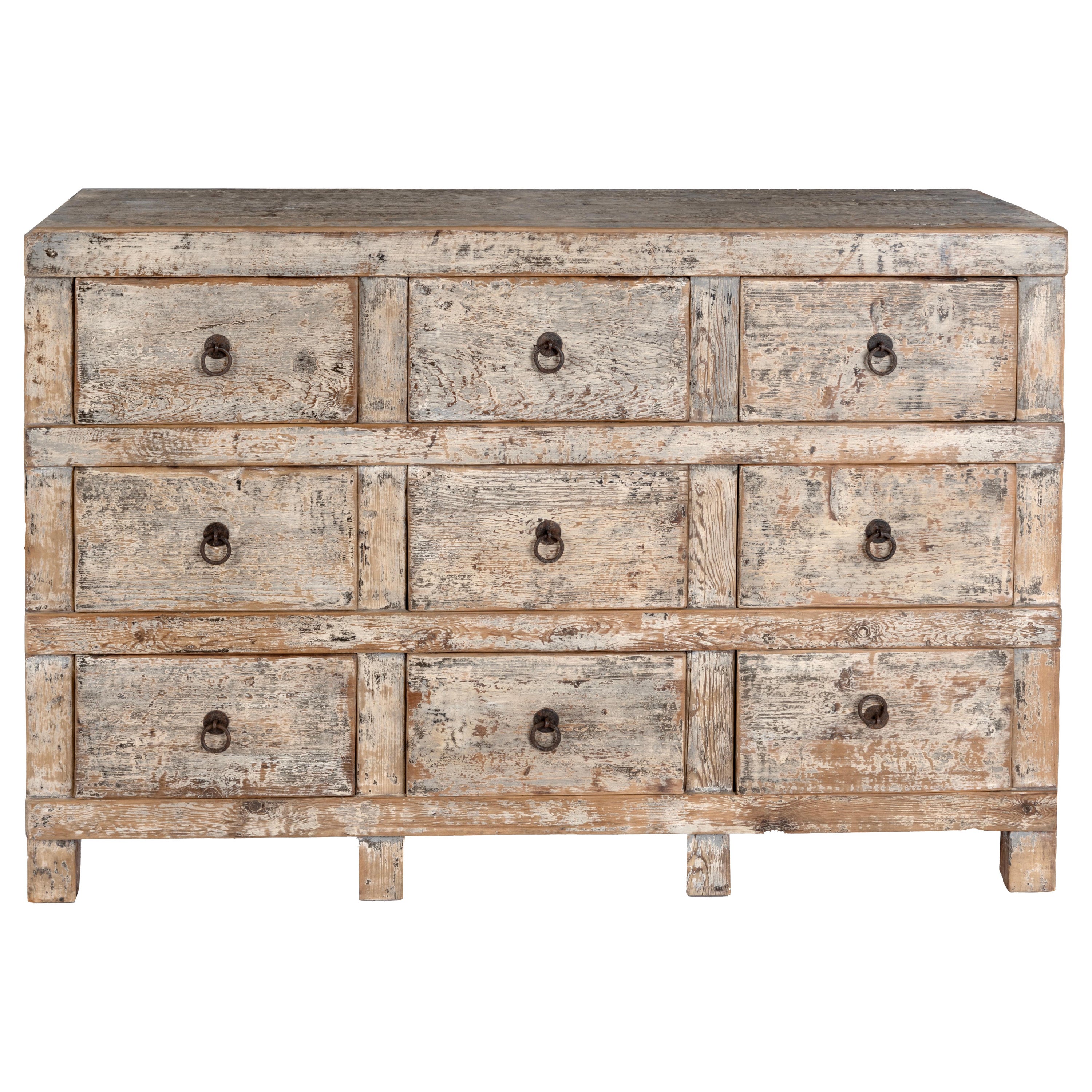 Nine Drawer Chest in Antiqued White Paint Patina  For Sale
