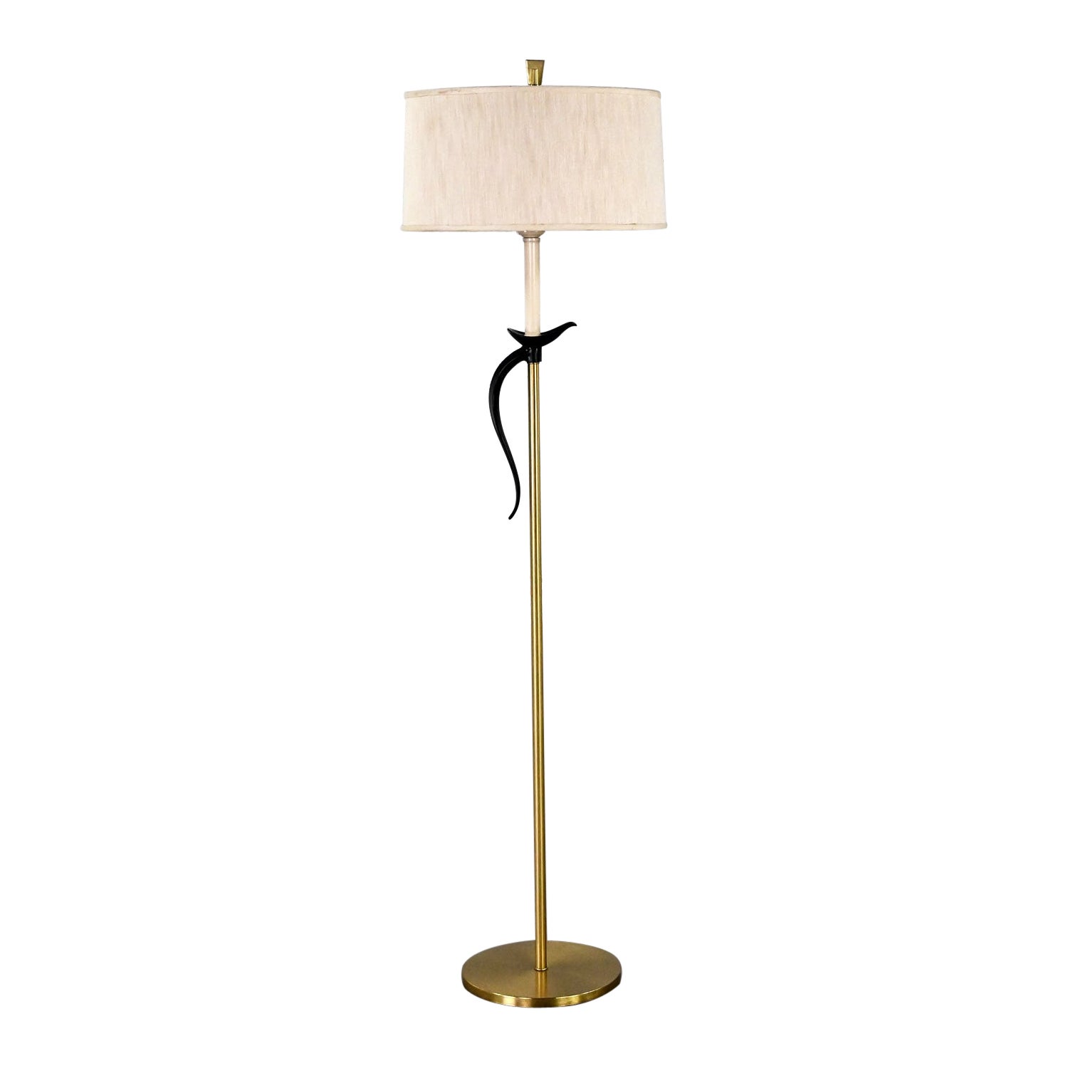 1950-1960’s MCM Floor Lamp Brass Plated & Black Pheasant Tail Accent Drum Shade For Sale