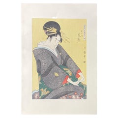 Impression japonaise sur bois d'une femme Edo Geisha avec des épingles à cheveux jaunes et un kimono