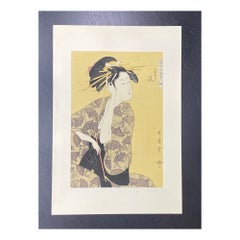 Japanese Woodblock Print of Edo Geisha Woman With Yellow Hairpins and Opium Pipe