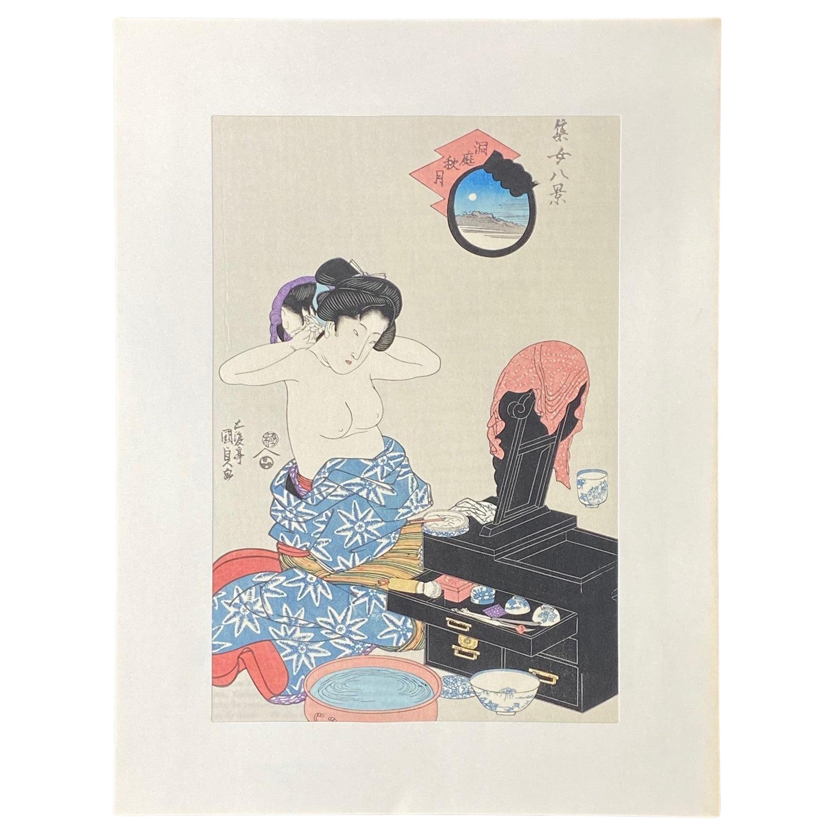 Tokoyuni III Kunisada Stampa su legno giapponese di donna geisha nuda alla vanità in vendita