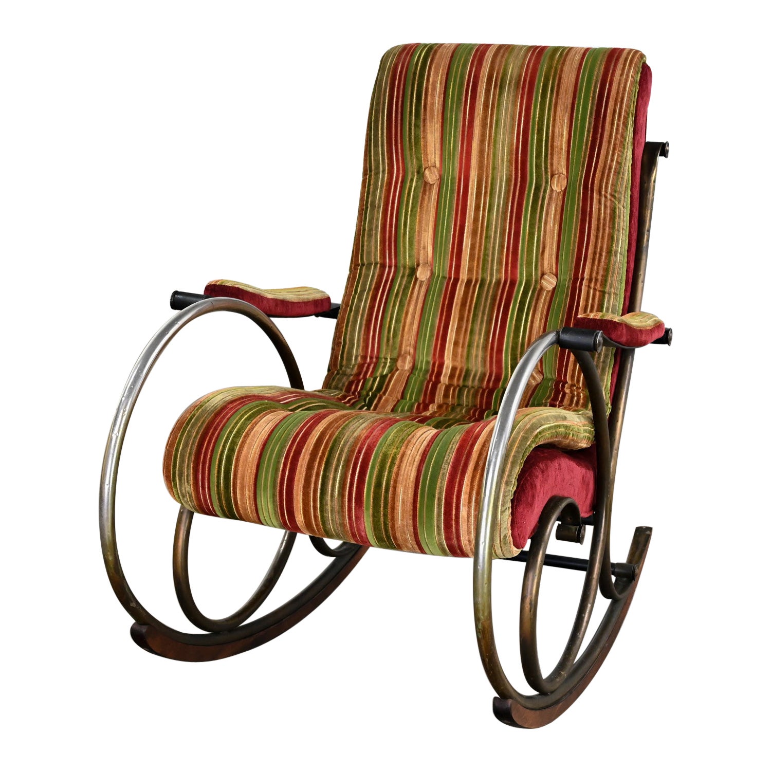 1960-1970’s Neoclassic Rocking Chair by Lee Woodard Metal Frame & Striped Velvet For Sale