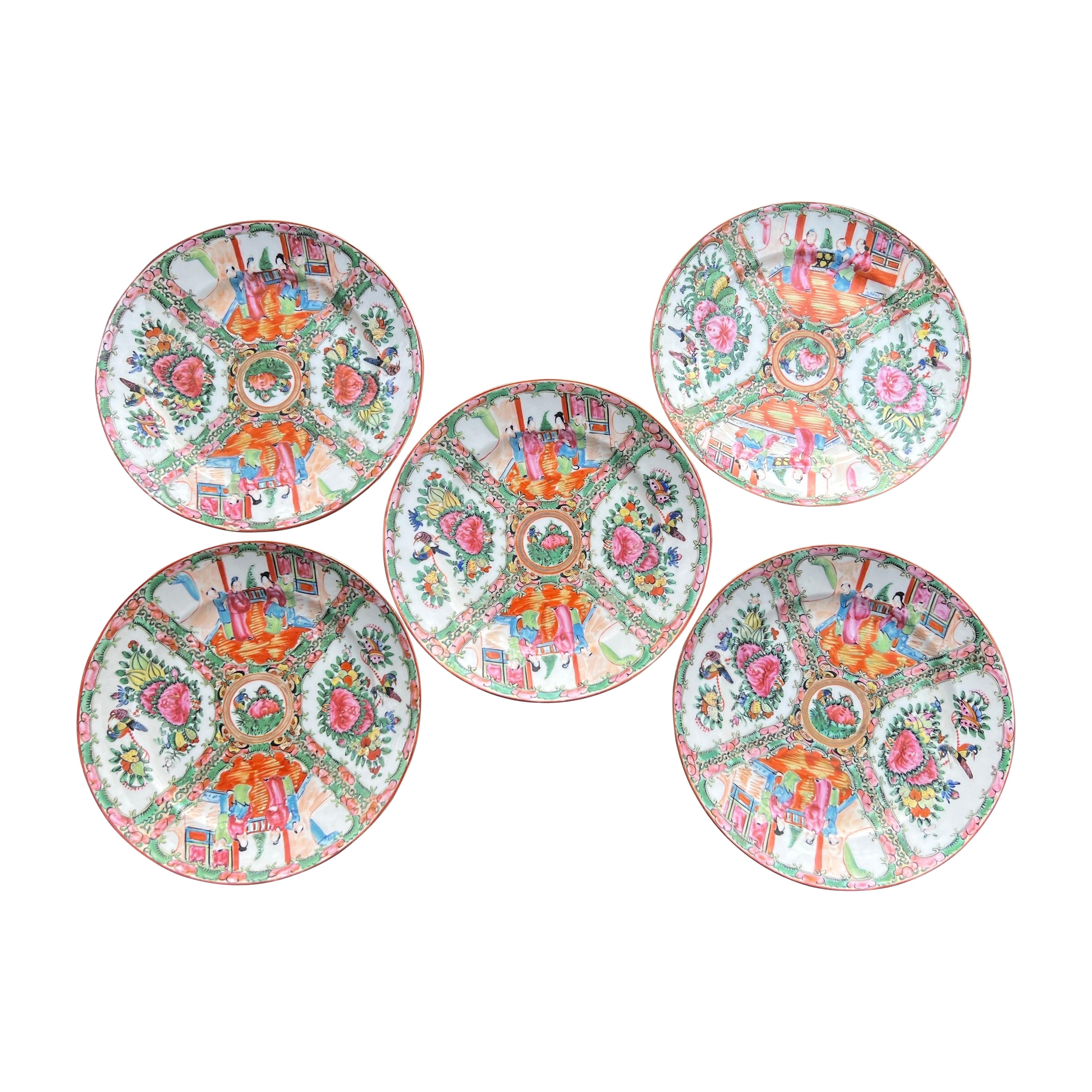 Set of 5 Chinese Rose Medallion Porcelain Dinner Plates 9.5”