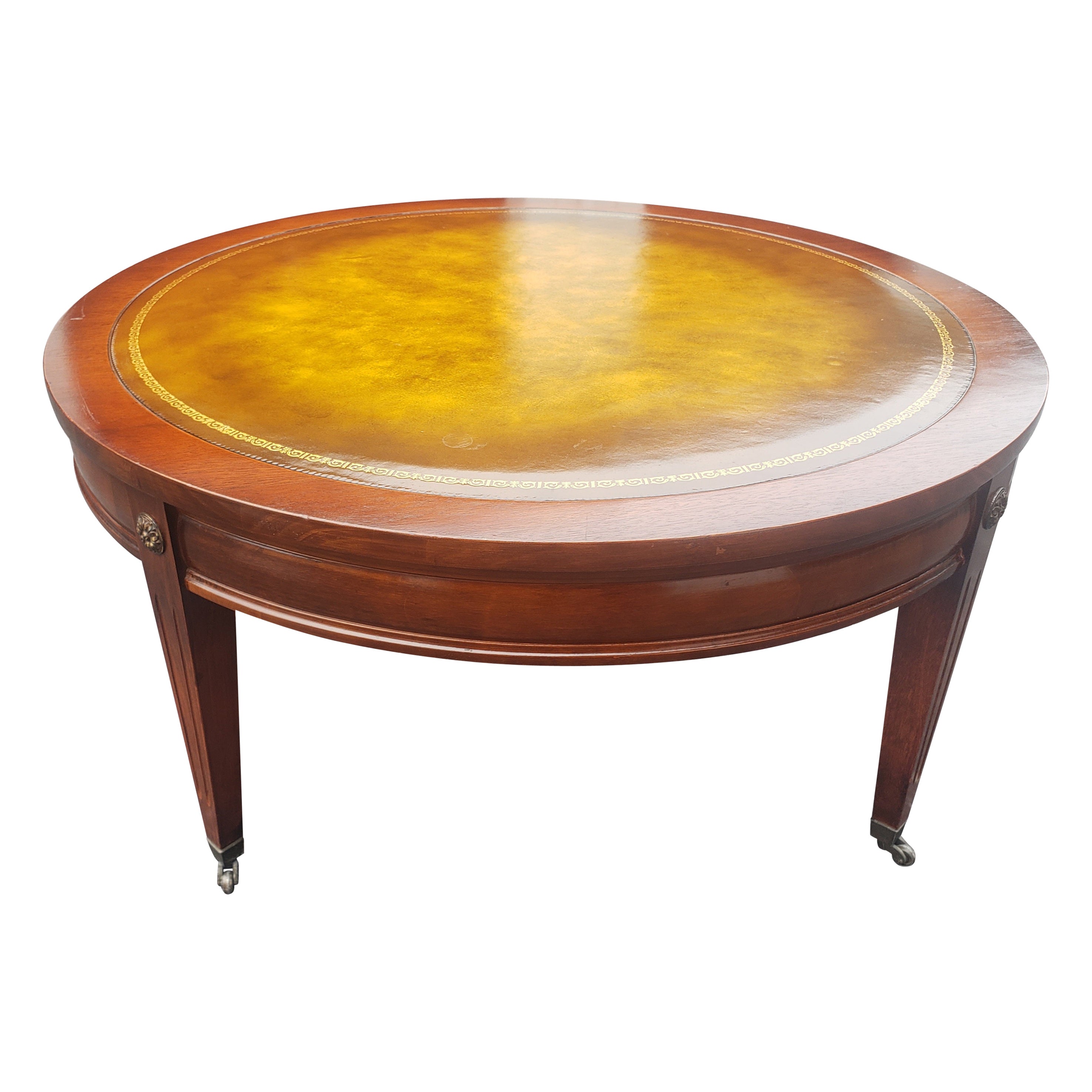 MId-Century Mahogany with Stenciled Tooled Leather Top Cocktail Table For Sale