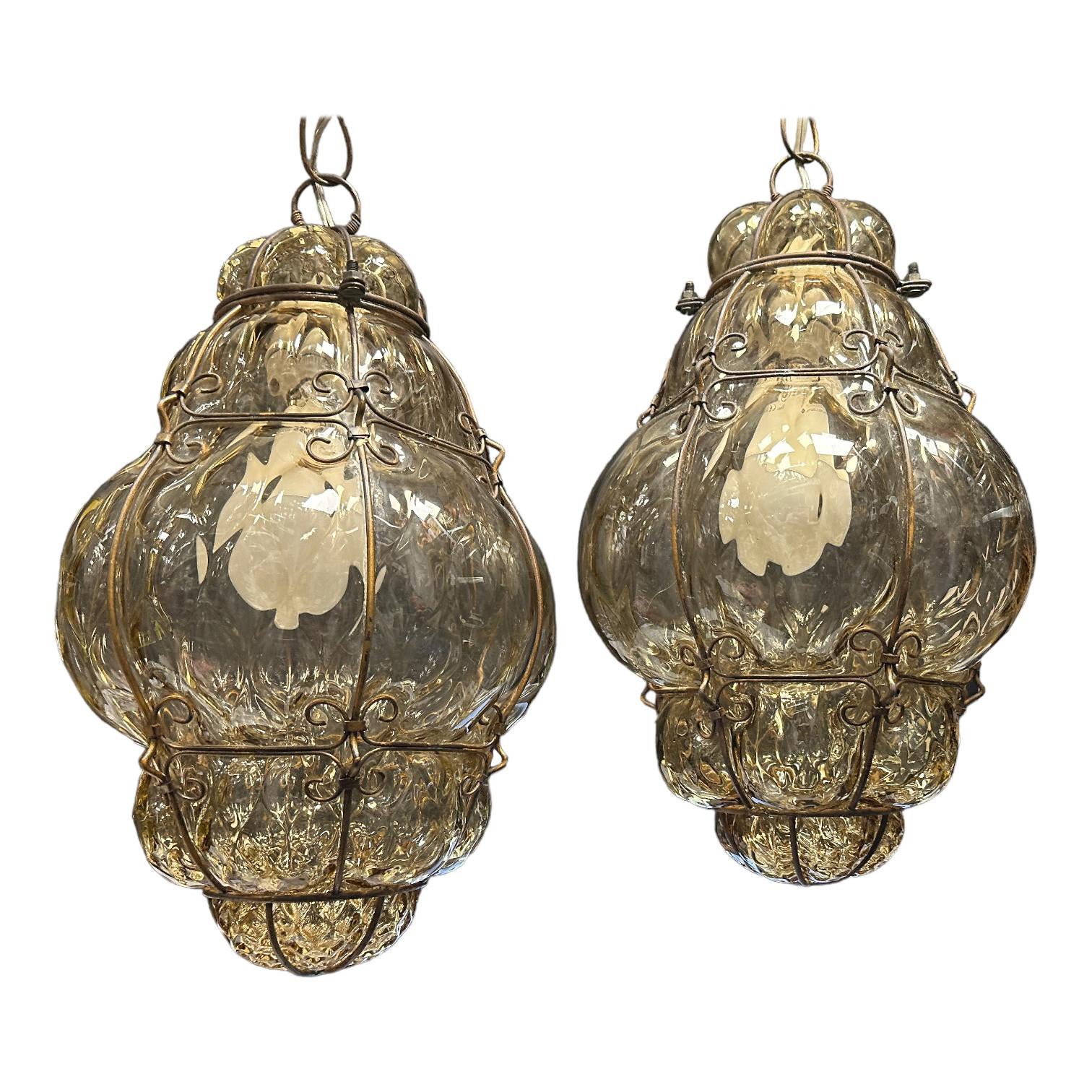 Pair of Petite Murano Caged Glass Pendant Light, 1930s Italy vintage For Sale