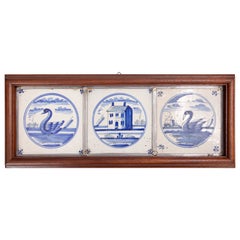 Set of 3 Vintage 18th Century Dutch Delft Faience Swans Framed Tiles 
