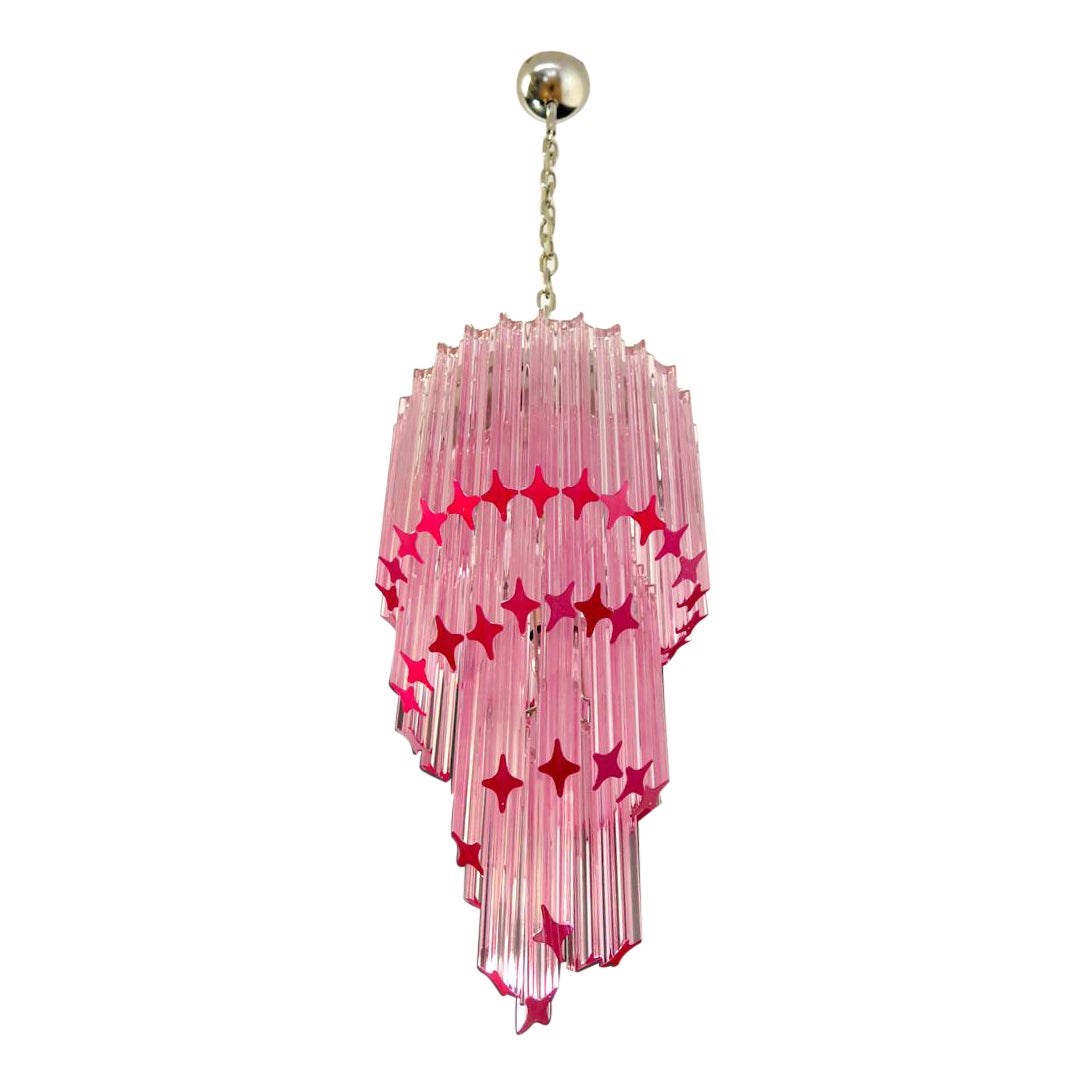 Murano Glass Spiral Chandelier, 54 Quadriedri Pink Prisms For Sale