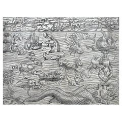 Mid-16th century woodcut print of various sea creatures and fantastical beasts