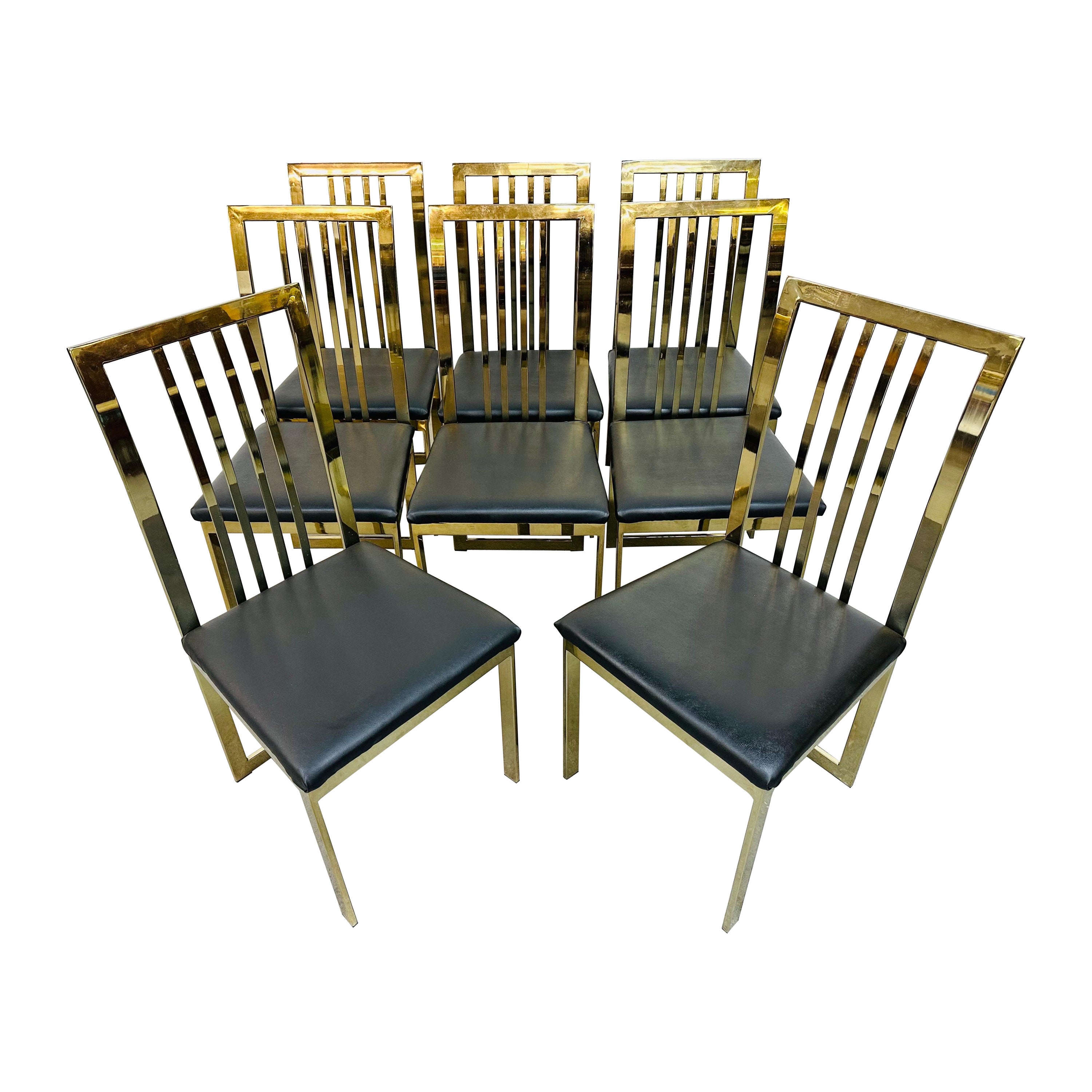Vintage Milo Baughman Style Flat Bar Brass Dining Chairs - Set of 8
