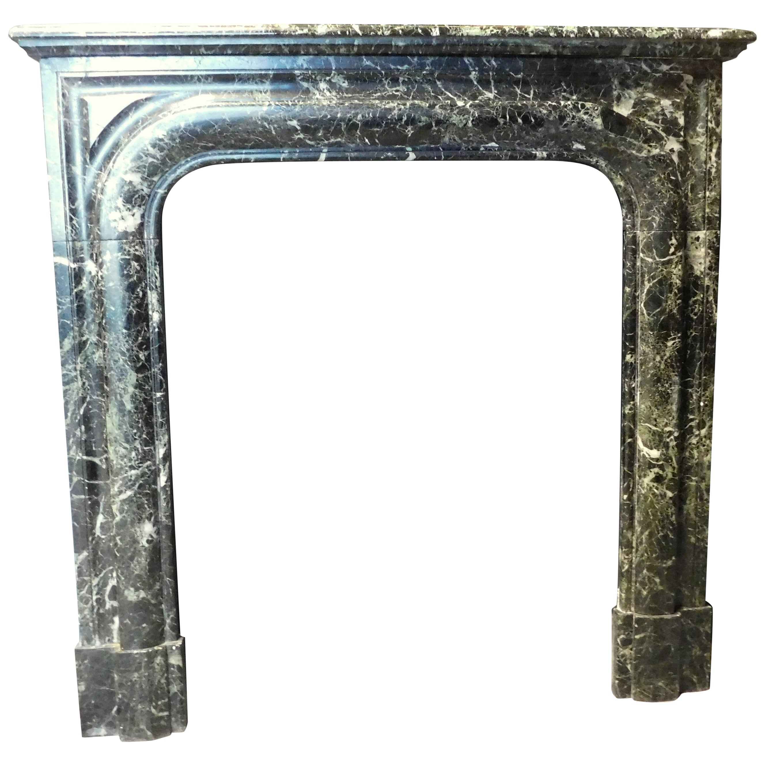 vintage mantel fireplace in verde Alpi marble, 1900s Italy For Sale