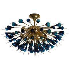 Murano Sputnik Round Blu Glass and Brass Chandelier, 1980