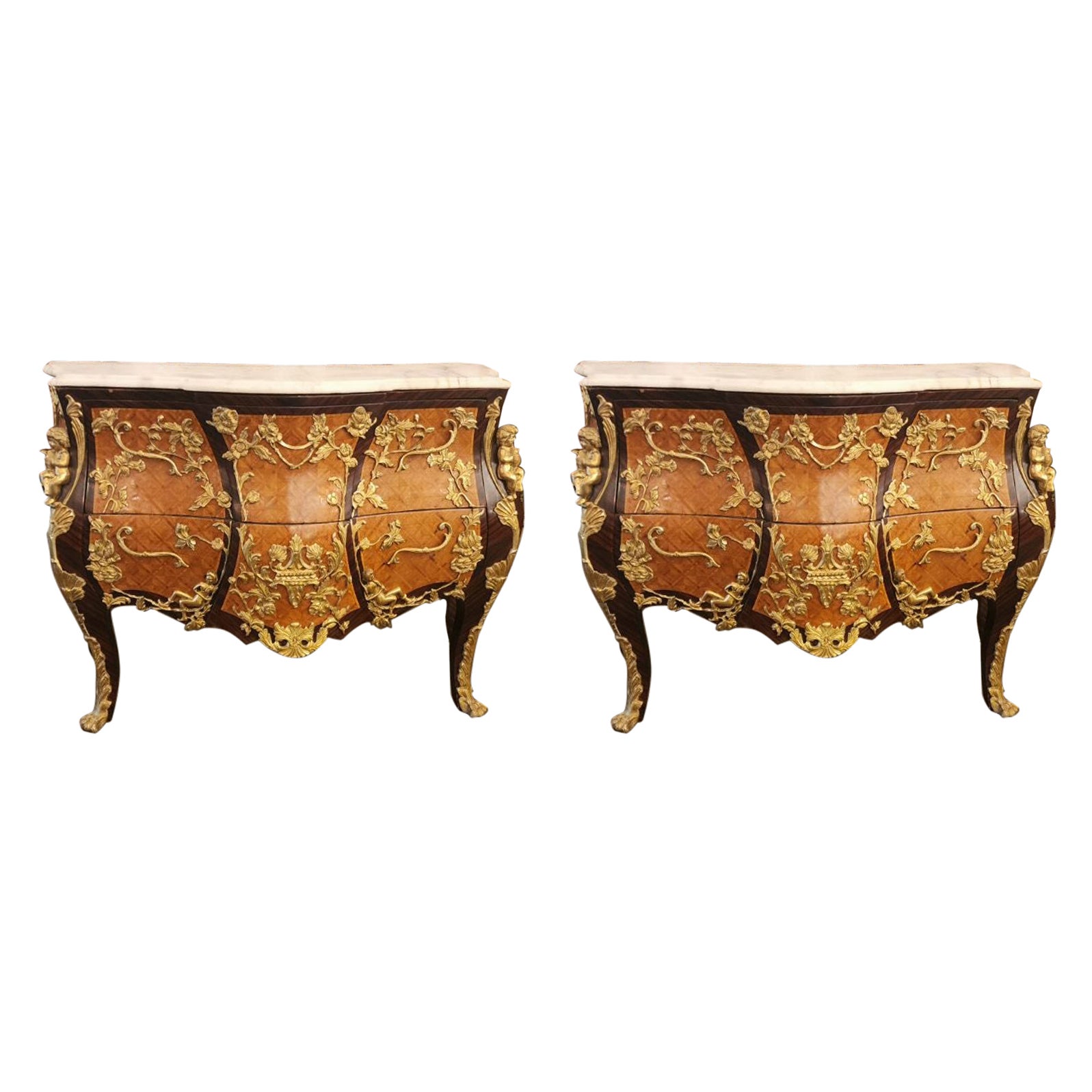 Pair of Louis XV Style Marble-Top Ormolu Commodes