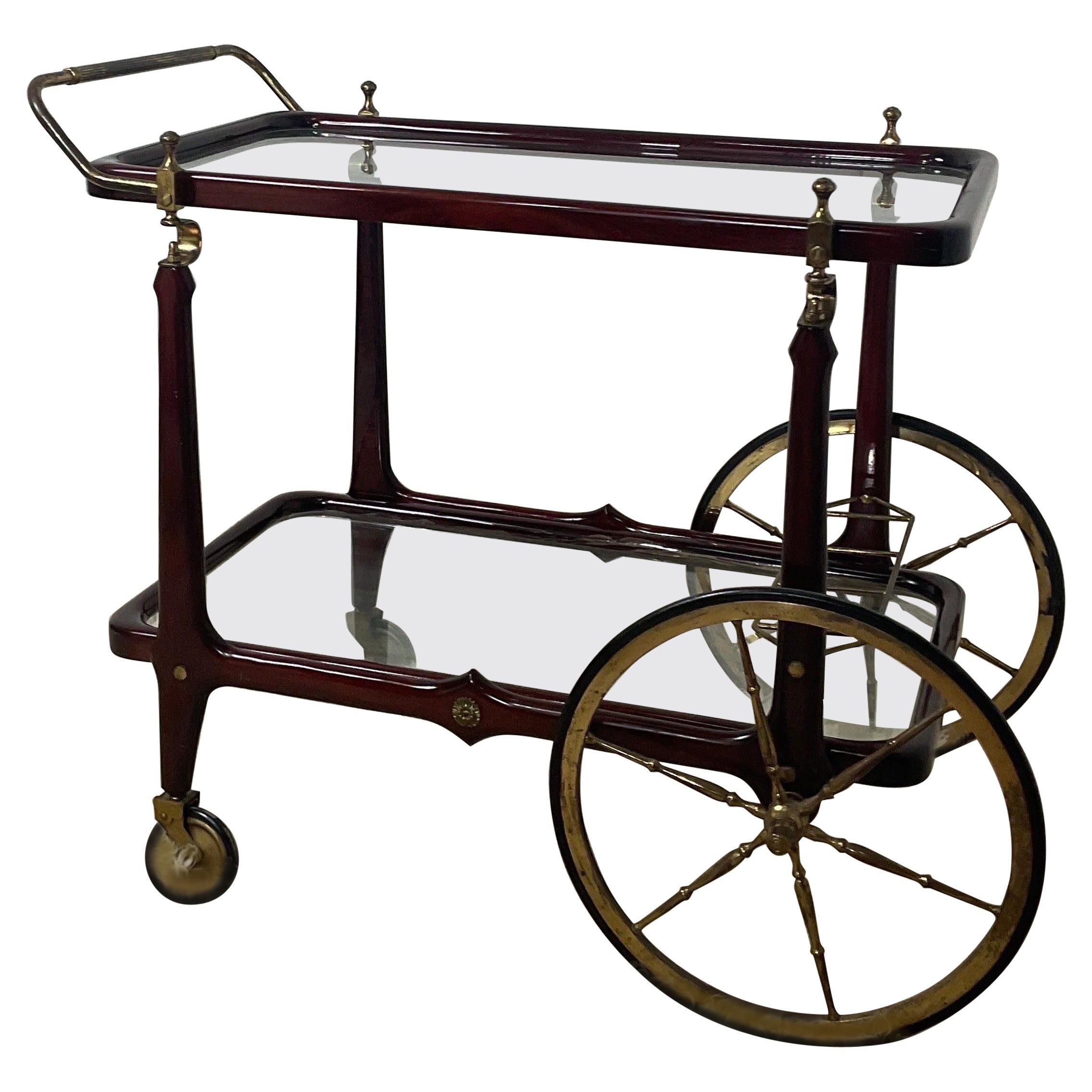 Bar trolly food rack in lacquered wood, brass and vintage 50s glass with 4 wheel For Sale