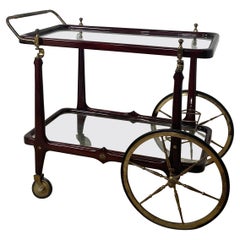 Bar trolly food rack in lacquered wood, brass and Antique 50s glass with 4 wheel
