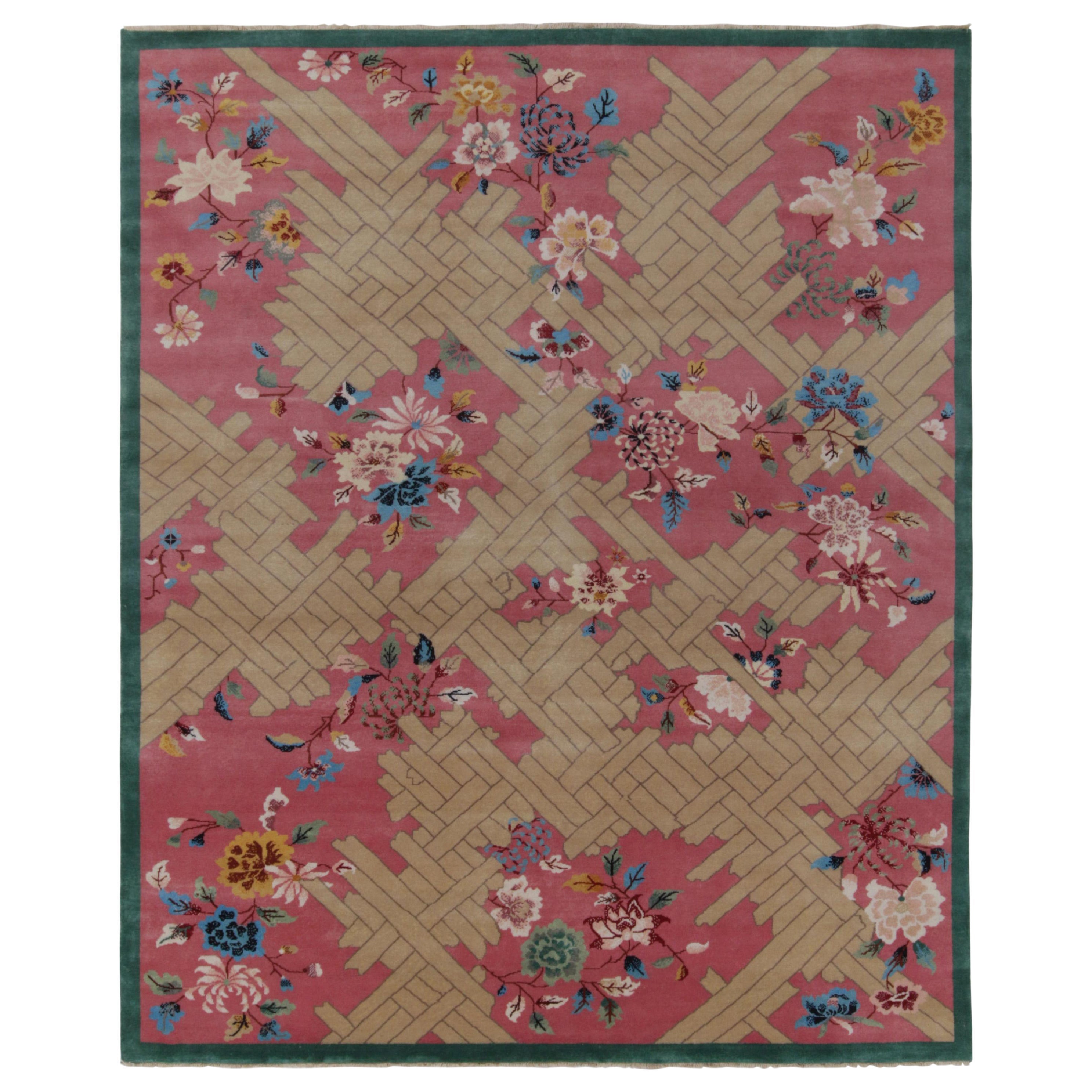 Rug & Kilim’s Chinese Deco Style Rug in Pink, Beige & Blue Floral Patterns