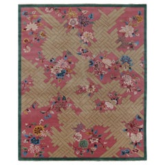 Rug & Kilim's Chinese Deco Style Rug in Pink, Beige & Blue Floral Patterns