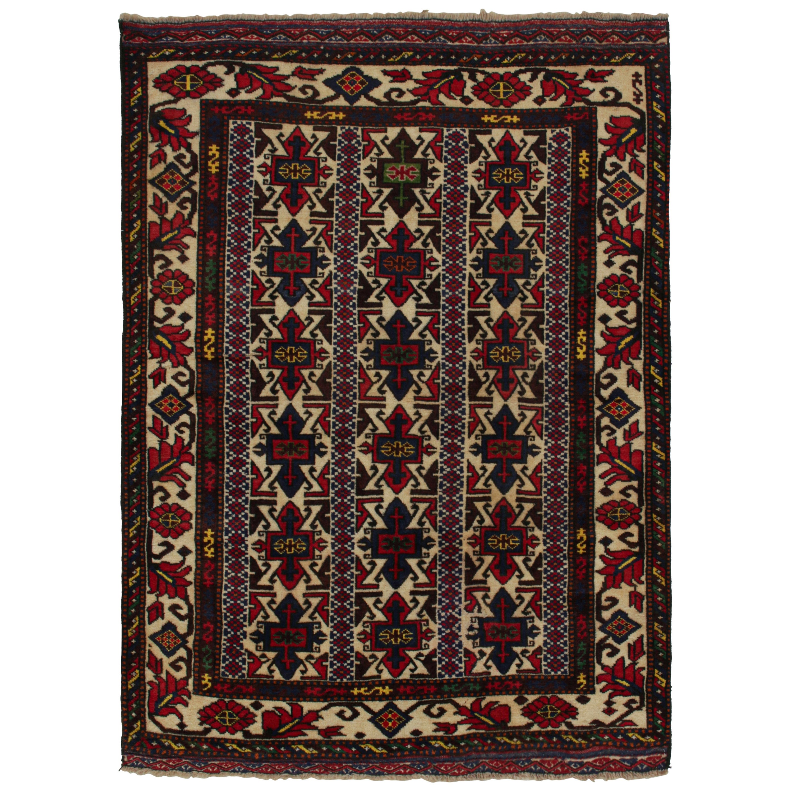 Vintage Baluch Persian rug in Red, Beige, Blue & Brown Patterns from Rug & Kilim For Sale