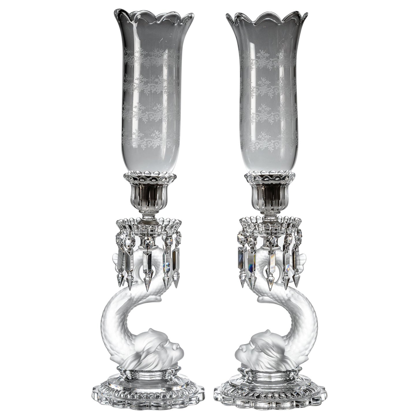 Pair Baccarat Dolphin Candelabras, Vintage With Tall Hurricane Crystal Shades