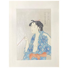 Kitagawa Utamaro Japanese Woodblock Print Edo Semi-Nude Woman Smoking Opium Pipe