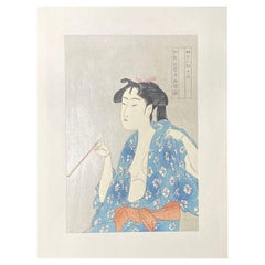Kitagawa Utamaro Stampa xilografica giapponese Edo Donna seminuda che fuma la pipa d'oppio