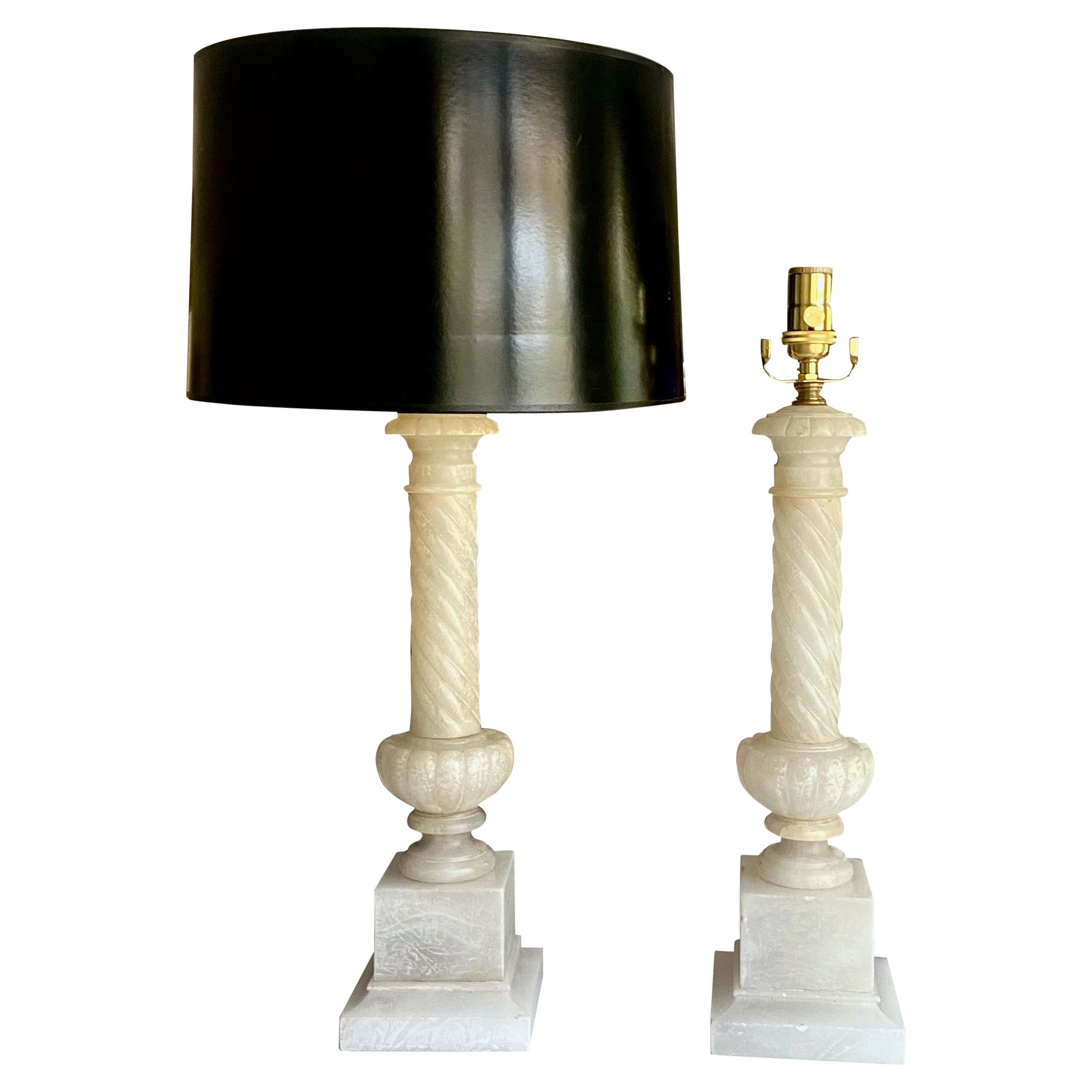 Pair Italian Neoclassic Column Alabaster Table Lamps