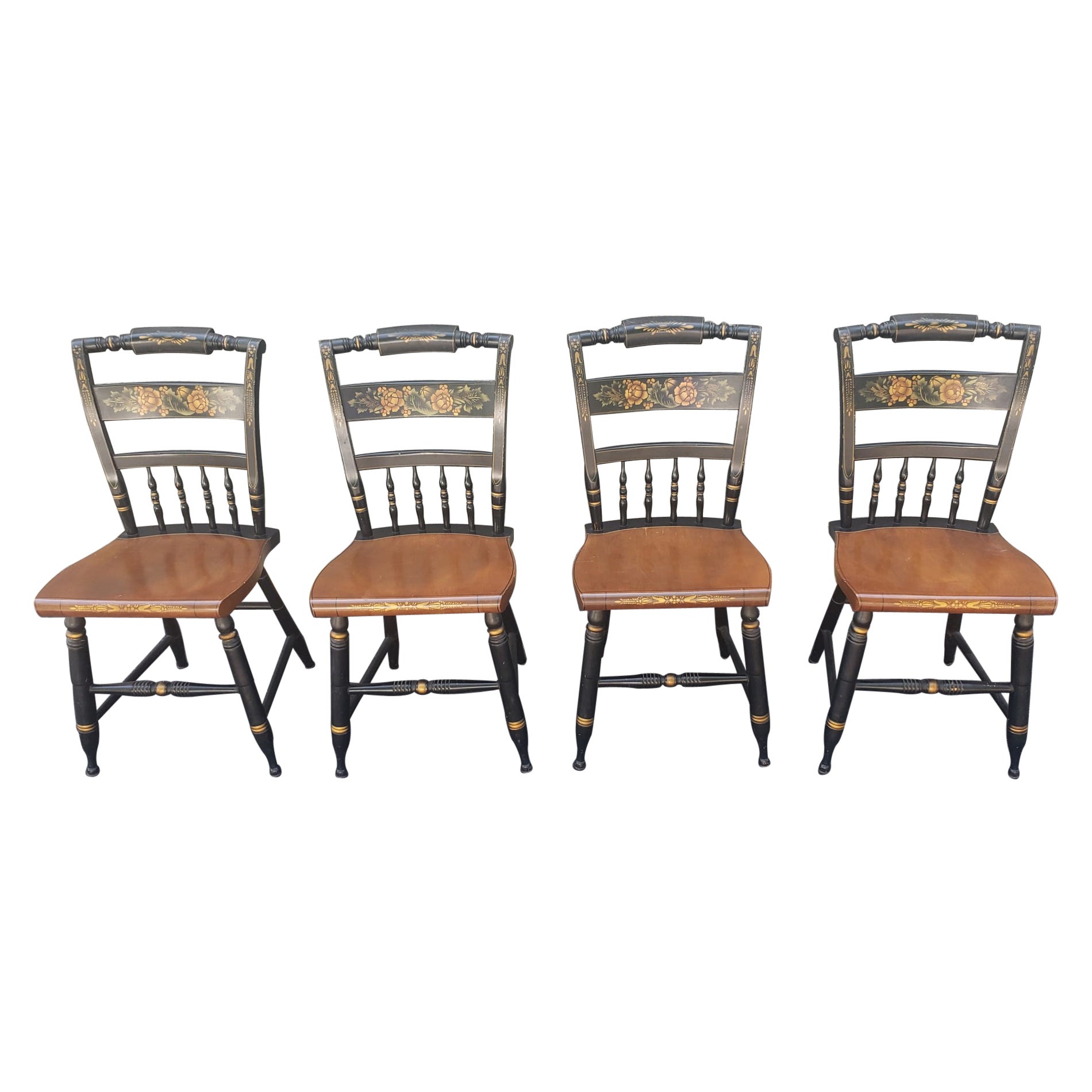 Set of 4 Lambert Hitchcock Ebonized and Gilt Ornate Maple Dining Chairs For Sale
