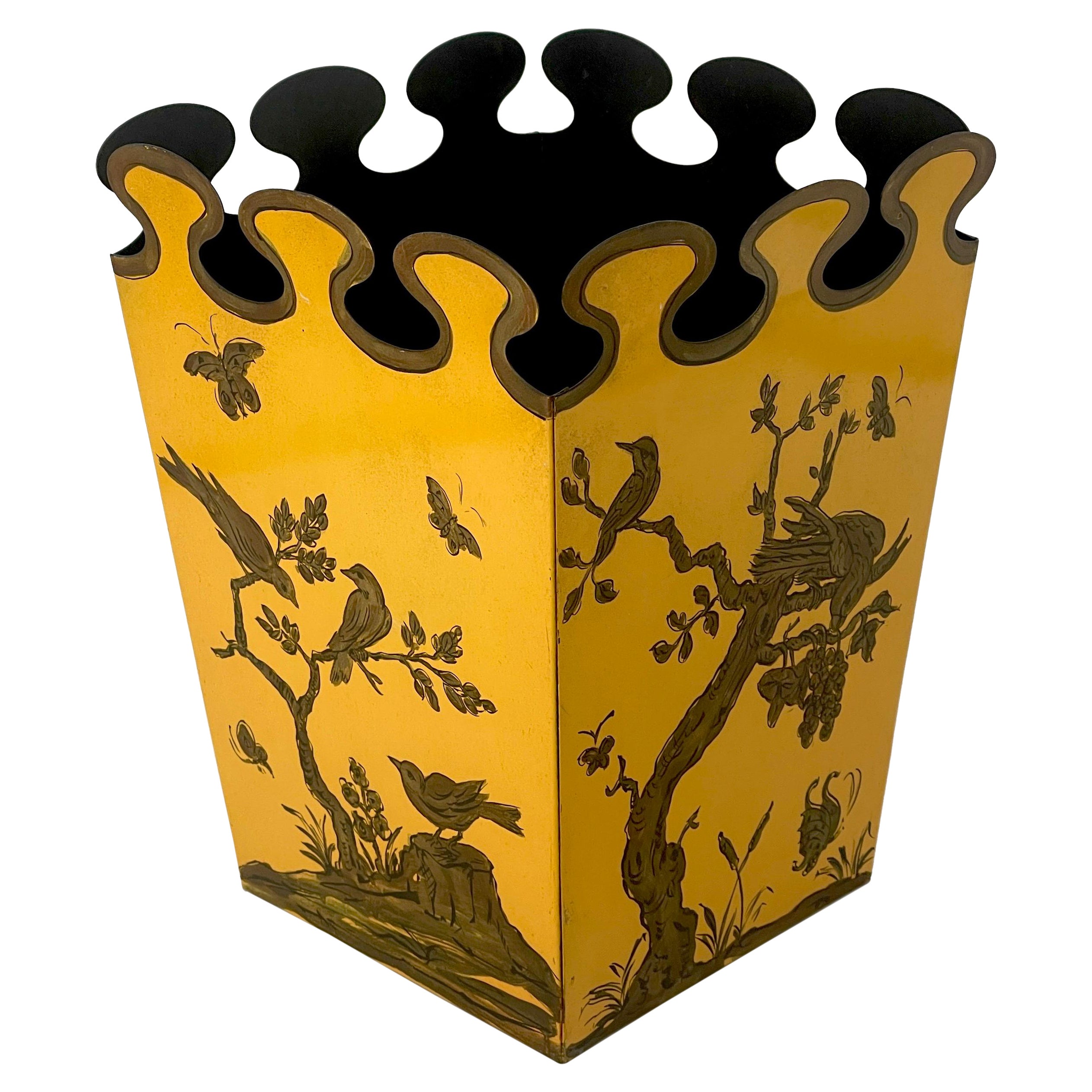 Exotic Chinoiserie Tole Wastepaper Basket/ Trash Can by Cufler & Hughes, London 