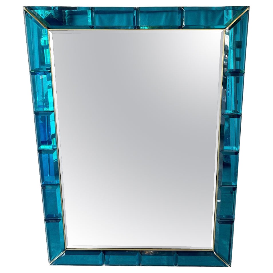 Large Italian Handcrafted Aqua Blue Gem Cut Mirror with Brass Trim For Sale