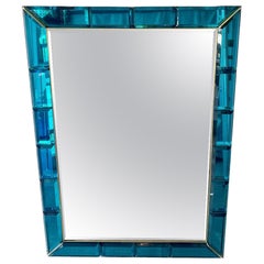 Large Italian Handcrafted Aqua Blue Gem Cut Mirror with Brass Trim