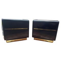 A pair of 1980s Postmodern Black Lacquer and Brass Nightstands by Lane