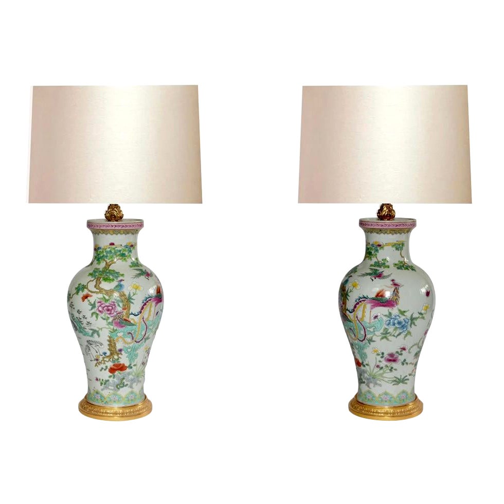 Famille Rose Porcelain Lamps  For Sale